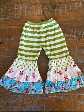 Boutique Green Striped & Floral Girls Ruffle Pants, Size XS (12-18 mo)